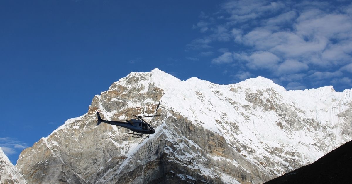 Helicopter flying over Gorakshep